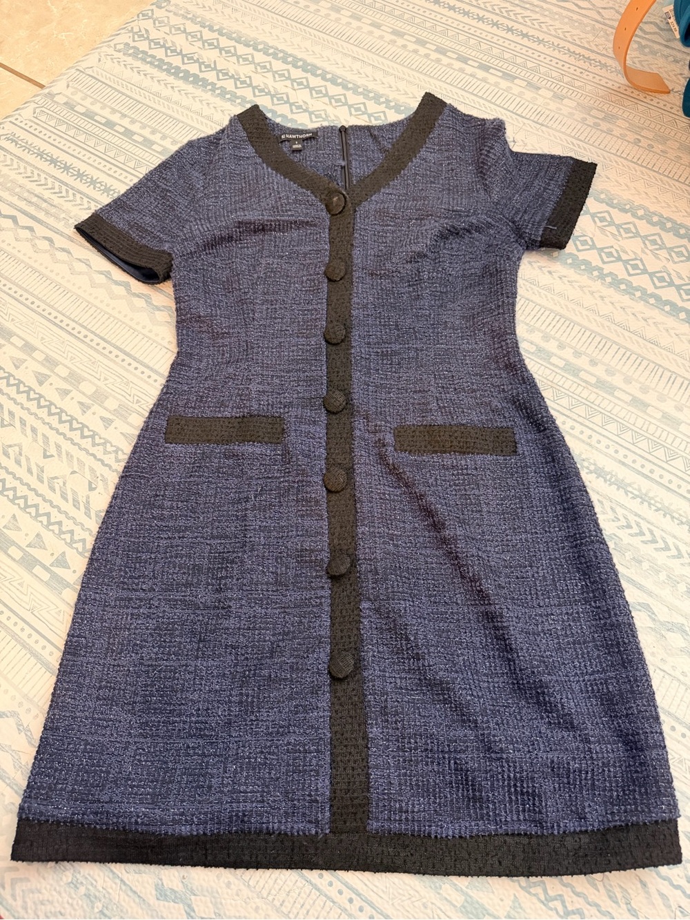 41 Hawthorn Navy and Black Short-Sleeve Tweed Midi Dress